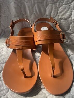 Michael Shannon Cognac Brown T-Strap Women's Sandals